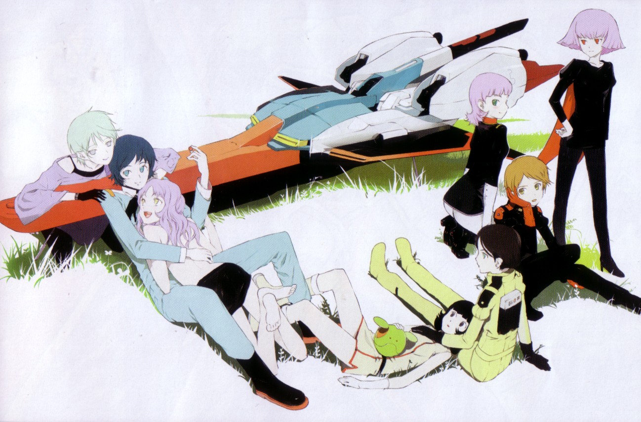 okama, emma sheen, fa yuiry, four murasame, haman karn, haro, kamille bidan, reccoa londe, rosamia badam, sarah zabiarov, zeta gundam (mobile suit), gundam, zeta gundam, pilot suit, 1boy, 6+girls, ass, back, barefoot, black hair, blue eyes, brown eyes, brown hair, cape, crossed legs, feet, gloves, green eyes, green hair, hug, legs, long legs, mecha, military, military uniform, multiple girls, pantyhose, pink hair, robot, short hair, soles, toes, topless female, yellow eyes