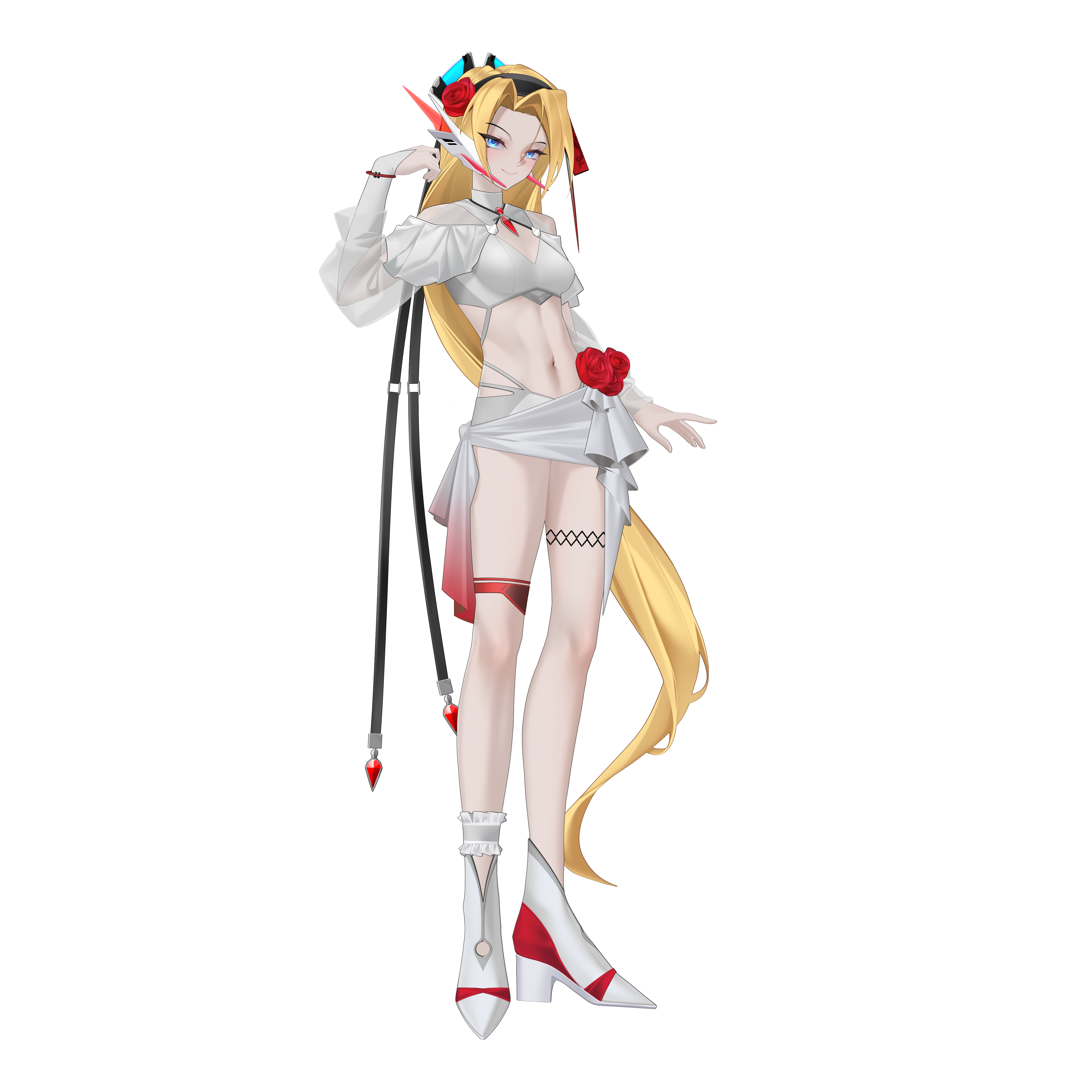 rhan, mega man (series), mega man zx, original, absurdres, commission, commissioner upload, highres, non-web source, 1girl, abs, alternate costume, bikini, blonde hair, blue eyes, boots, breasts, chest jewel, choker, crop top, cynthia (mega man zx zeta), eyelashes, full body, hand in own hair, headband, high heels, long bangs, long hair, long sleeves, mechanical ears, multi-strapped bikini bottom, multi-strapped bikini top, navel, see-through clothes, see-through sleeves, small breasts, solo, swimsuit, transparent background