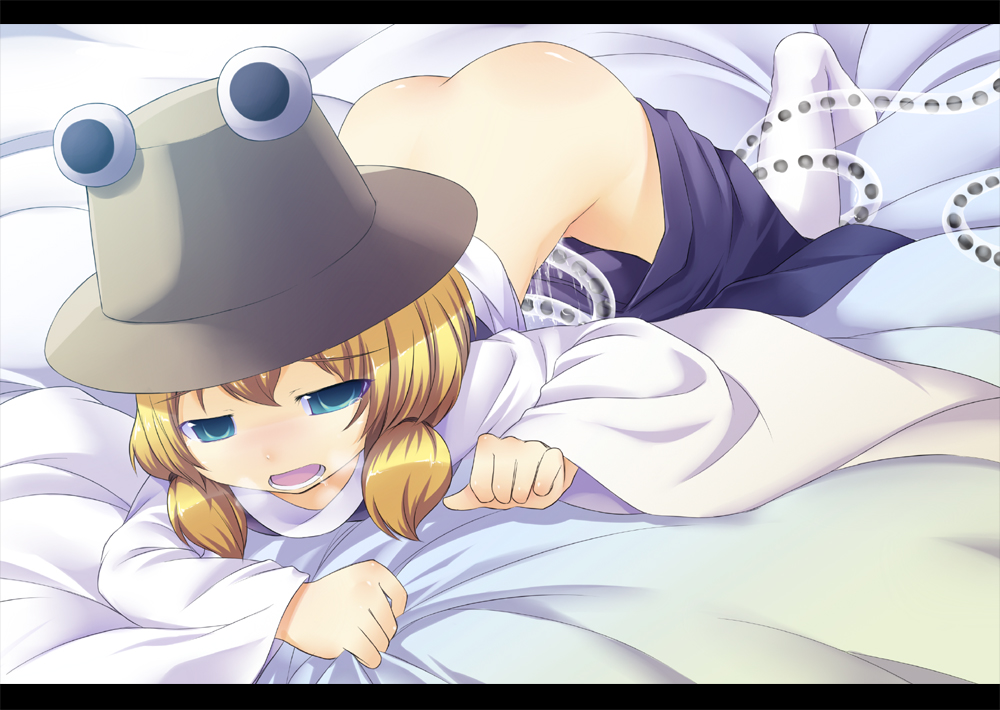 shiratama dango, moriya suwako, touhou, bad id, bad pixiv id, 1girl, ass, blonde hair, bottomless, breath, egg laying, female focus, green eyes, hat, letterboxed, loli, solo