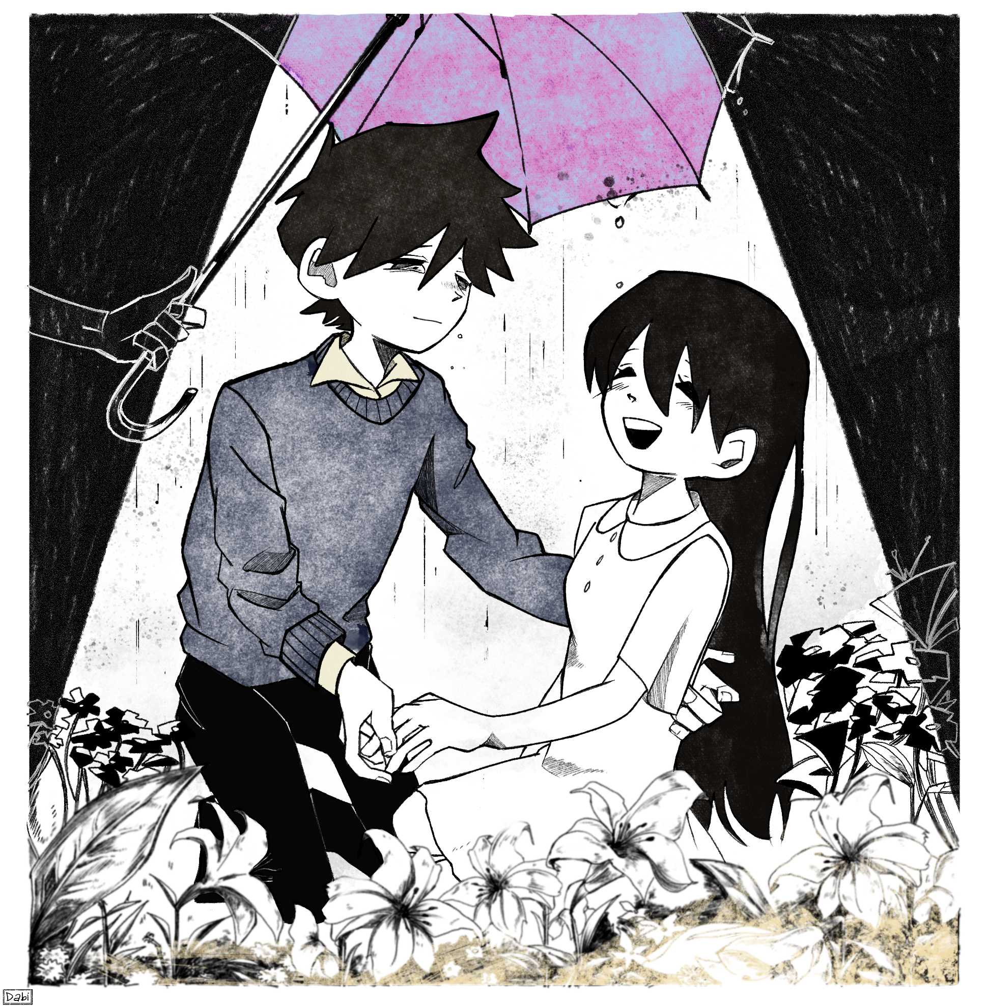 hero (faraway) (omori), hero (omori), mari (omori), mari (spirit) (omori), omori, highres, 1boy, 1girl, alternate hair color, alternate skin color, antenna hair, black eyes, black hair, black pants, blue sweater, blush, closed eyes, closed mouth, collared shirt, colored skin, dabi000, double-parted bangs, flower, holding, holding umbrella, limited palette, long sleeves, looking at another, open mouth, pants, rain, shirt, shirt under sweater, short hair, short sleeves, sweater, teeth, umbrella, upper teeth only, white shirt, white skin