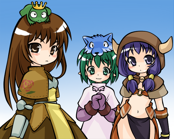 kotomi (happy colors), acolyte (ragnarok online), mage (ragnarok online), swordsman (ragnarok online), ragnarok online, commentary request, 2000s (style), 3girls, animal, animal on head, bikini, bikini top only, blue background, brown bikini, brown capelet, brown dress, brown eyes, brown hair, brown hood, brown skirt, capelet, chest guard, closed mouth, cowboy shot, crown, dress, floral print, frog, gloves, green eyes, green hair, hair tubes, hood, hood up, horned hood, horns, long hair, looking at viewer, multiple girls, navel, on head, own hands together, pelvic curtain, pointy ears, purple eyes, purple gloves, purple hair, purple shirt, rose print, shirt, short hair, showgirl skirt, skirt, smile, swimsuit, white capelet, white skirt
