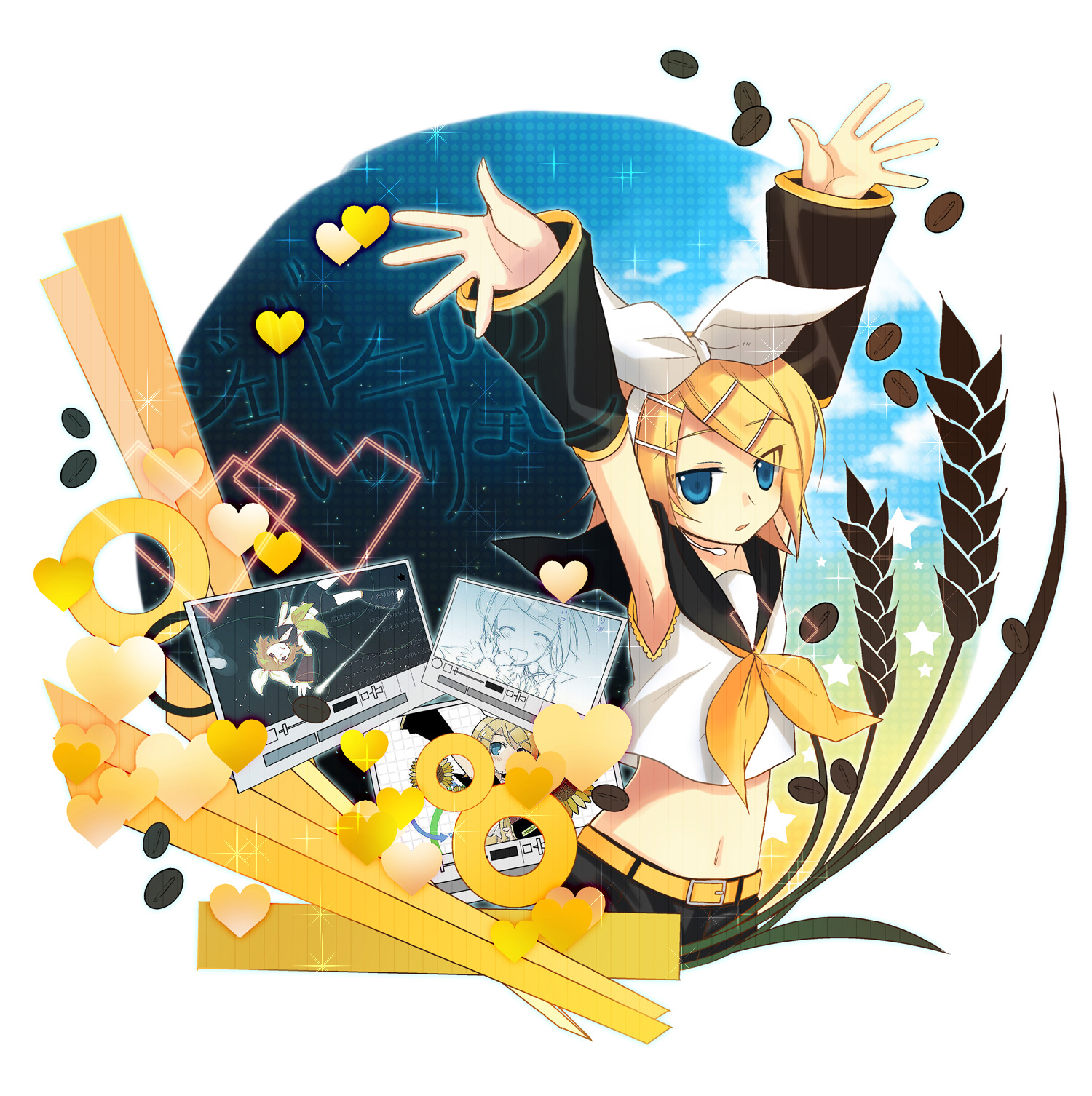 tamura hiro, kagamine rin, vocaloid, highres, o/, armpits, arms up, detached sleeves, midriff, navel, outstretched arms, solo