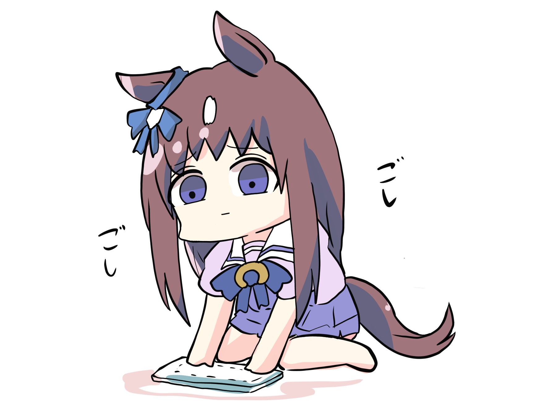kawamochi (kawauti919), grass wonder (umamusume), umamusume, highres, translation request, 1girl, animal ears, barefoot, blue bow, bow, brown hair, chibi, cleaning rag, ear bow, full body, horse ears, horse girl, horse tail, long hair, looking down, multicolored hair, puffy short sleeves, puffy sleeves, purple eyes, purple shirt, purple skirt, school uniform, shirt, short sleeves, simple background, skirt, solo, tail, tracen school uniform, two-tone hair, very long hair, white background, white hair