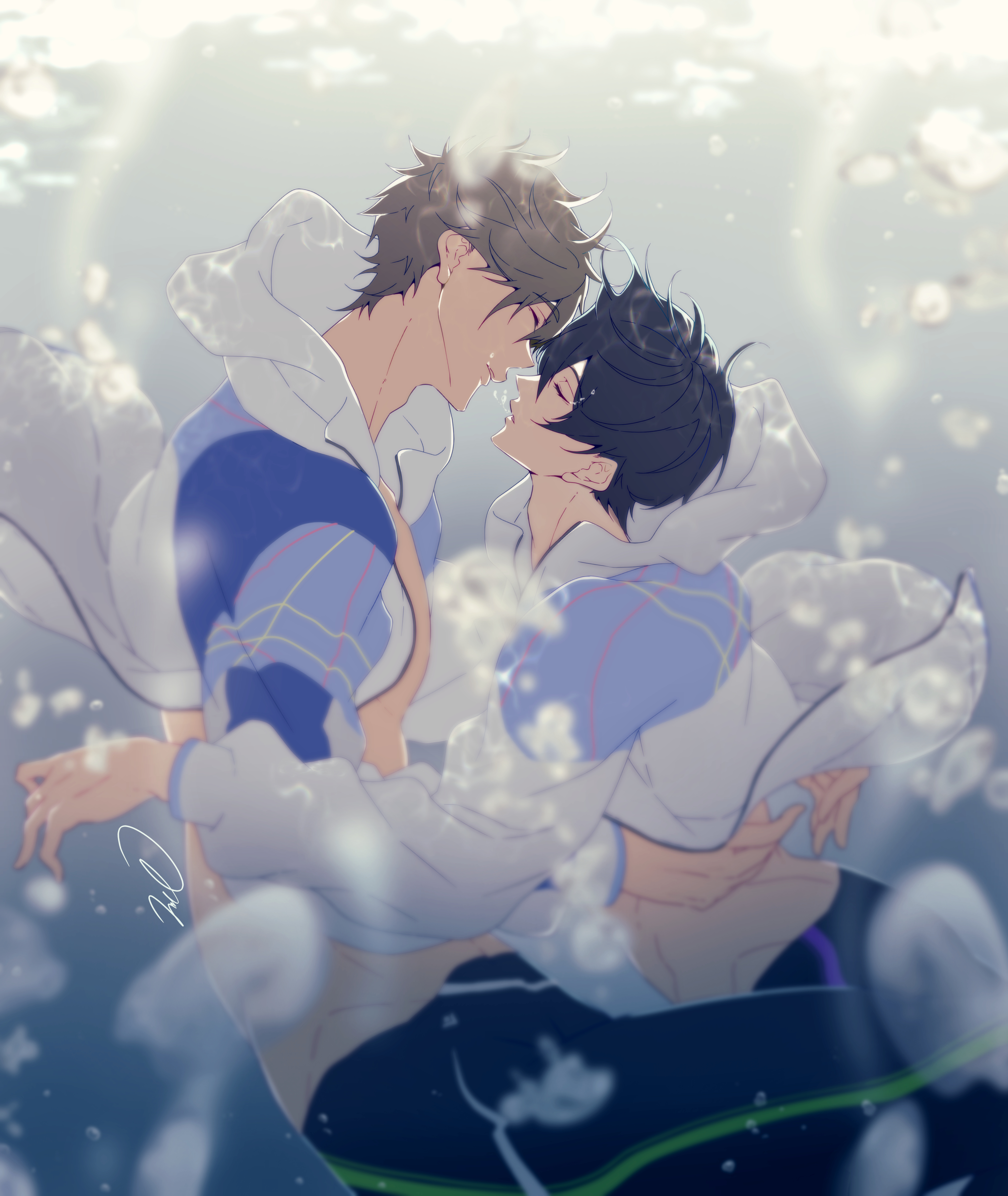 tsuiri siroiro, nanase haruka (free!), tachibana makoto, free!, absurdres, commentary request, highres, 2boys, adam's apple, air bubble, black hair, black male swimwear, brown hair, bubble, closed eyes, floating clothes, hood, hooded jacket, jacket, long sleeves, male focus, male swimwear, multicolored jacket, multiple boys, open clothes, open jacket, parted bangs, parted lips, profile, two-tone jacket, underwater, yaoi