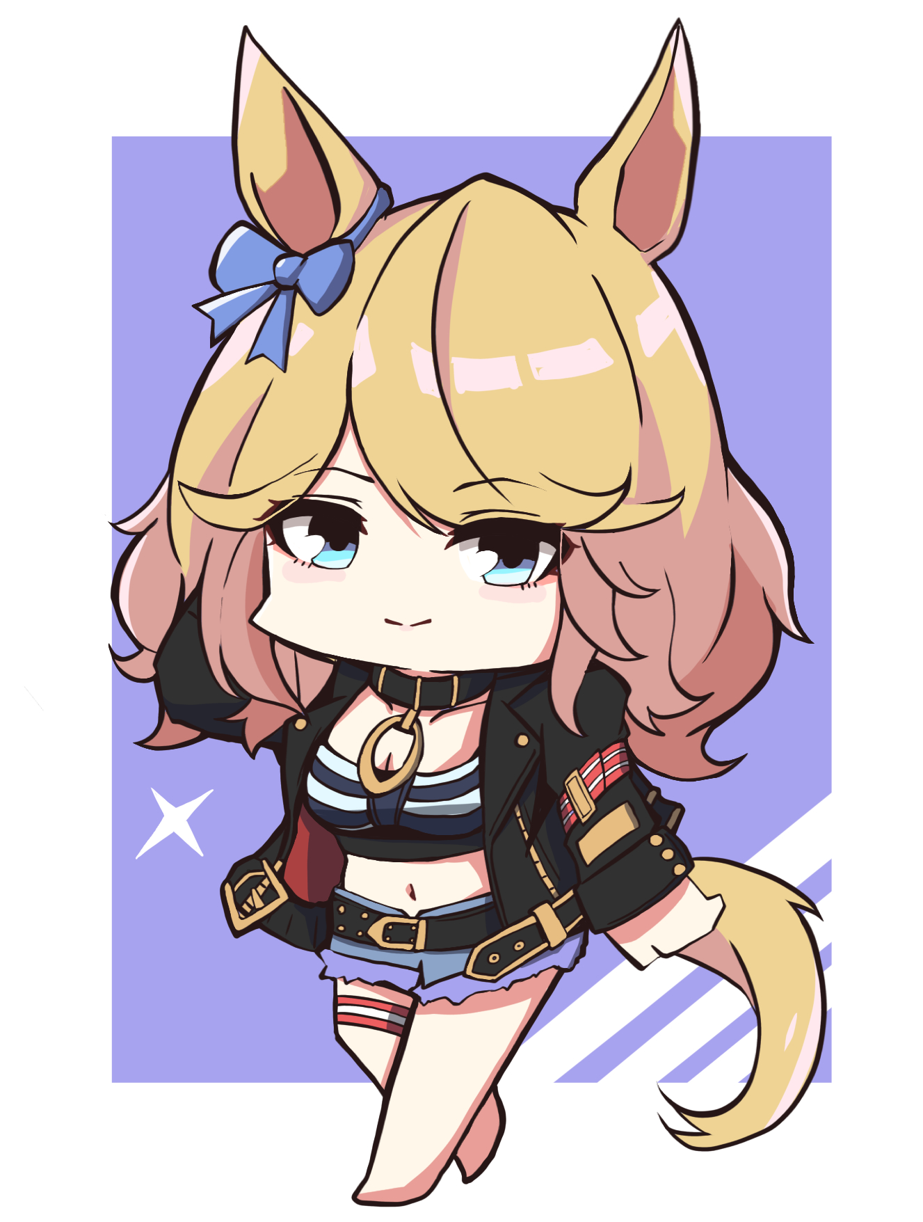 kawamochi (kawauti919), gold city (umamusume), umamusume, highres, 1girl, animal ears, arm behind head, arm up, barefoot, belt, belt buckle, black belt, black jacket, blonde hair, blue bow, blue eyes, blue shorts, border, bow, breasts, buckle, chibi, cleavage, closed mouth, ear bow, full body, horse ears, horse girl, horse tail, jacket, long hair, long sleeves, looking at viewer, medium breasts, navel, open clothes, open jacket, purple background, shorts, sleeves past wrists, smile, solo, sparkle, standing, striped clothes, tail, white border