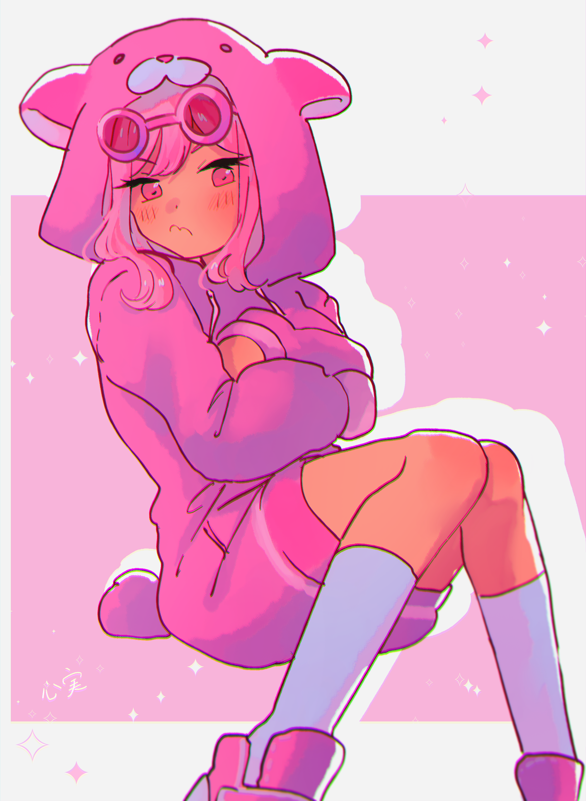 kokomi (aniesuakkaman), sweetheart (omori), omori, absurdres, highres, 1girl, alternate costume, animal ears, animal hood, bear ears, bear hood, blush, boots, chromatic aberration, closed mouth, crossed arms, dark-skinned female, dark skin, drop shadow, eyewear on head, feet out of frame, glass, hair between eyes, hood, hood up, hoodie, invisible chair, kneehighs, knees together feet apart, long sleeves, looking at viewer, pink-framed eyewear, pink boots, pink hair, pink hoodie, puffy long sleeves, puffy sleeves, round eyewear, sidelocks, simple background, sitting, socks, solo, sparkle, tail, v-shaped eyebrows, wavy mouth, white socks