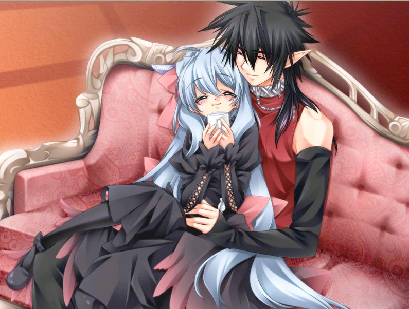 toujou sakana, ashe (under the moon), zero (under the moon), under the moon, game cg, 1boy, 1girl, ^ ^, black hair, blue hair, blush, closed eyes, couch, couple, cup, detached sleeves, dress, happy, hetero, letter, long hair, mug, pantyhose, pointy ears, sitting, sitting on lap, sitting on person, smile, very long hair, white hair