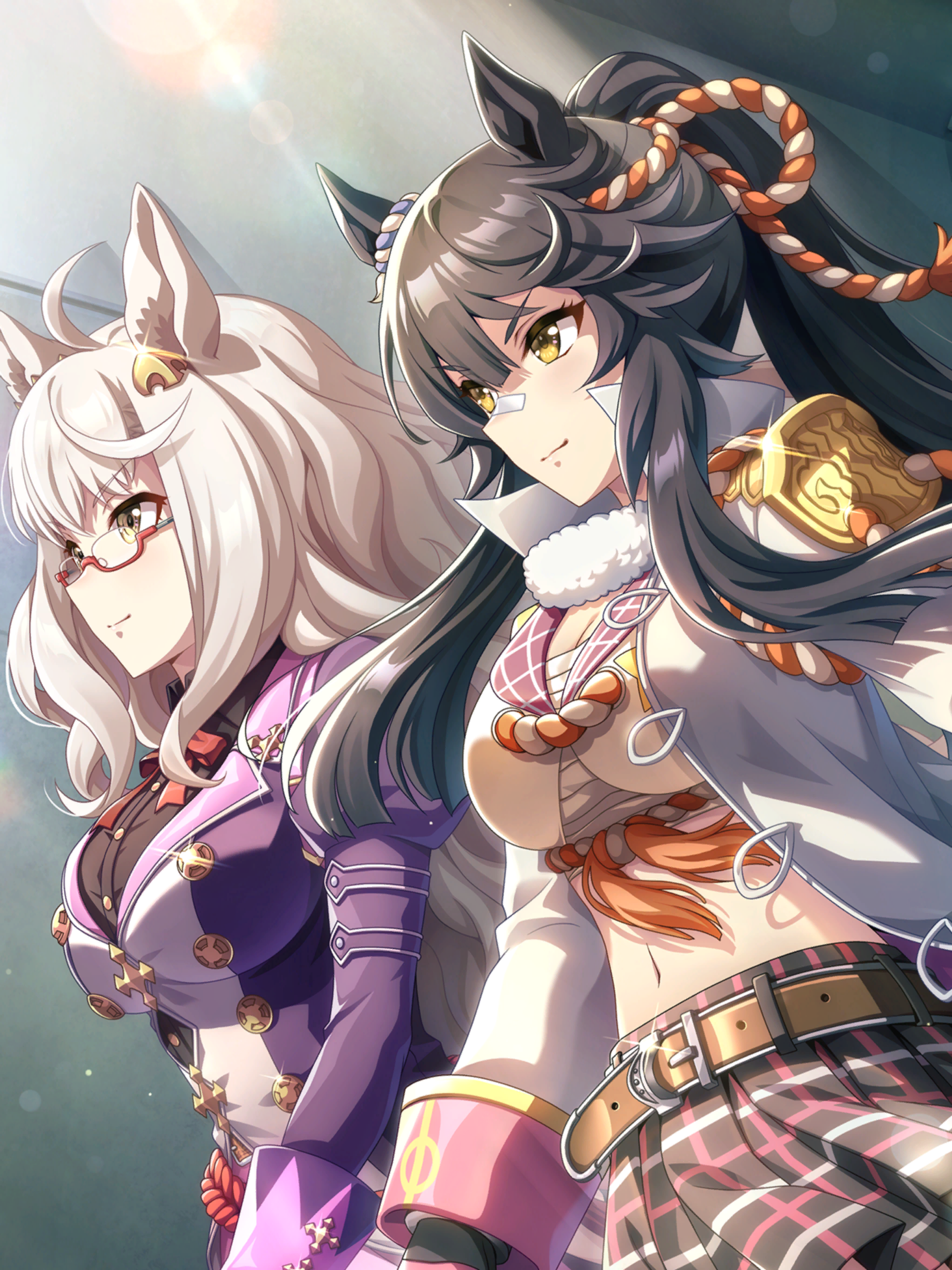 biwa hayahide (pf. winning equation…) (umamusume), biwa hayahide (umamusume), narita brian (maverick) (umamusume), narita brian (umamusume), umamusume, absurdres, artist request, highres, official art, 2girls, ahoge, animal ears, bandaid, bandaid on face, bandaid on nose, belt, belt buckle, black gloves, black hair, black shirt, black skirt, bow, bowtie, breasts, brown belt, buckle, buttons, chest sarashi, cleavage, closed mouth, coat, collared coat, collared shirt, cowboy shot, crop top, cross, day, dress shirt, ear ornament, epaulettes, eyelashes, fur scarf, glasses, gloves, gold buttons, hair between eyes, happy, high collar, horse ears, horse girl, indoors, juliet sleeves, lapel pin, lapels, large breasts, light blush, light particles, light rays, long hair, long sidelocks, long sleeves, looking ahead, loose hair strand, midriff, miniskirt, multiple girls, navel, notched lapels, open clothes, open coat, plaid clothes, plaid skirt, pleated skirt, pointy nose, ponytail, puffy sleeves, purple coat, red-framed eyewear, red bow, red bowtie, rope, sarashi, scarf, shimenawa, shirt, siblings, sidelocks, sisters, skirt, sleeve cuffs, smile, sunlight, swept bangs, tassel, tsurime, v-shaped eyebrows, walking, white coat, white hair, white scarf, white shirt, yellow eyes