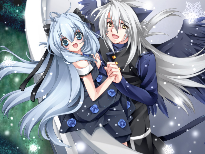toujou sakana, ashe (under the moon), kyle (under the moon), under the moon, game cg, 1boy, 1girl, angel wings, animal ears, blue eyes, blue hair, cat ears, couple, dress, flower, hair ribbon, hetero, holding hands, long hair, ribbon, rose, snow, white hair, wings, yellow eyes