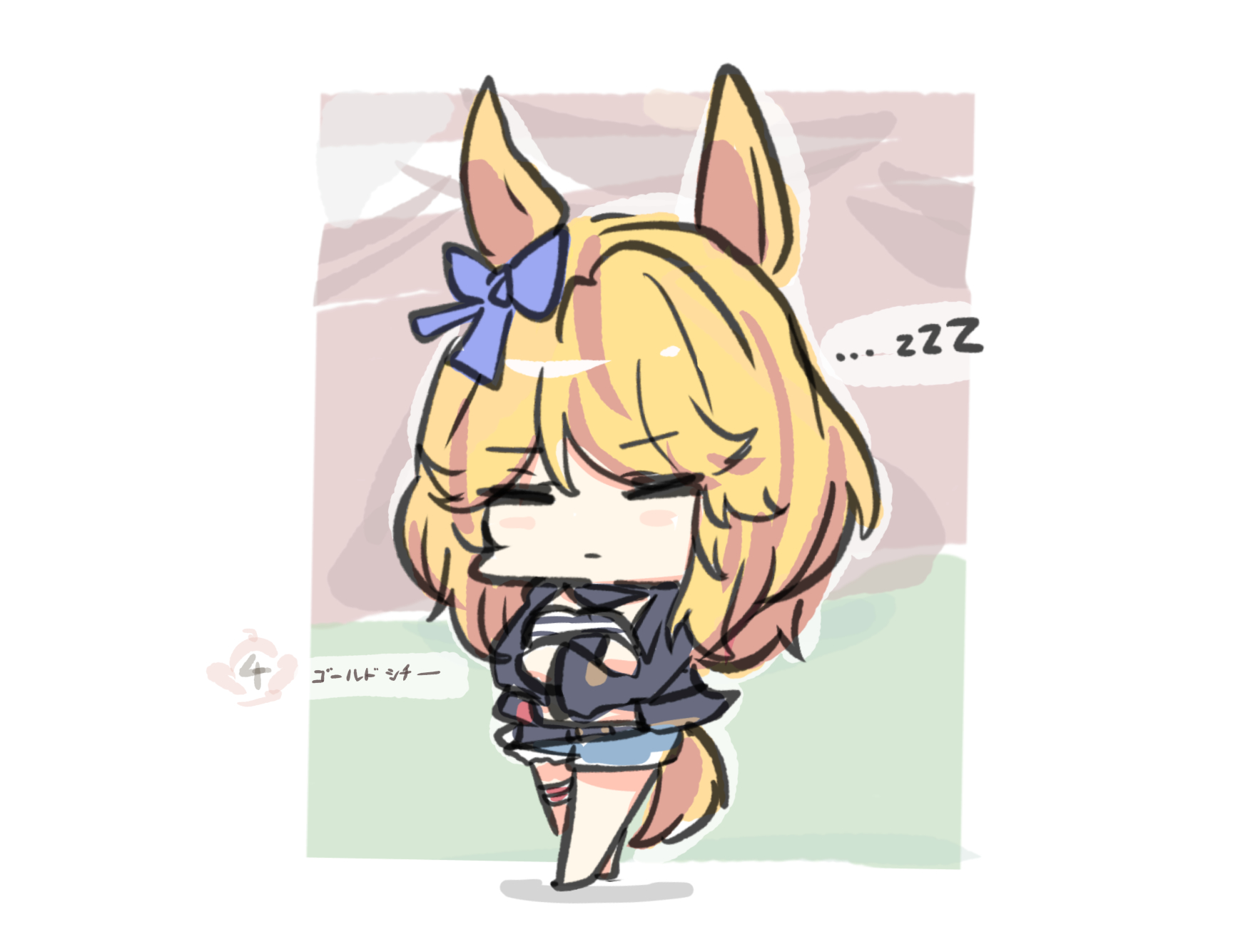 kawamochi (kawauti919), gold city (umamusume), umamusume, highres, translation request, 1girl, animal ears, black jacket, blonde hair, blue bow, blue shorts, blush stickers, bow, chibi, closed eyes, closed mouth, crossed arms, ear bow, facing viewer, full body, gameplay mechanics, horse ears, horse girl, horse tail, jacket, long sleeves, shorts, sleeping, sleeping upright, solo, standing, striped clothes, tail, zzz