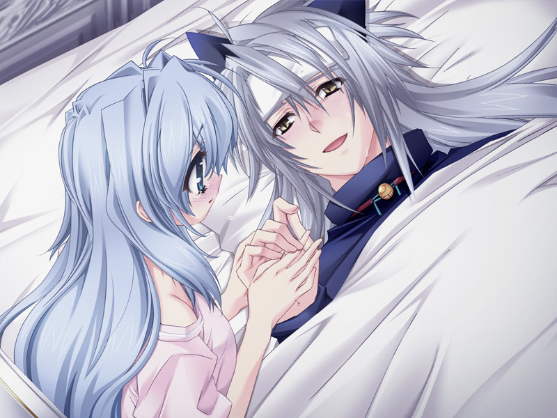 toujou sakana, ashe (under the moon), kyle (under the moon), under the moon, game cg, 1boy, 1girl, animal ears, bed, blue eyes, blue hair, blush, cat ears, couple, hetero, holding hands, long hair, sad, smile, tears, white hair, yellow eyes