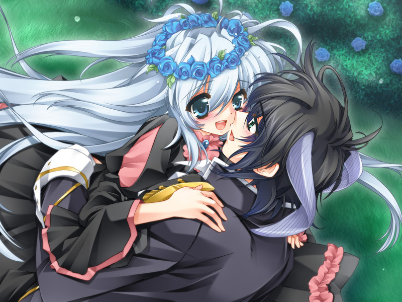 toujou sakana, ashe (under the moon), seizh, under the moon, game cg, 1boy, 1girl, animal ears, black hair, blue eyes, blush, couple, dress, flower, green eyes, happy, hetero, horns, long hair, smile, white hair