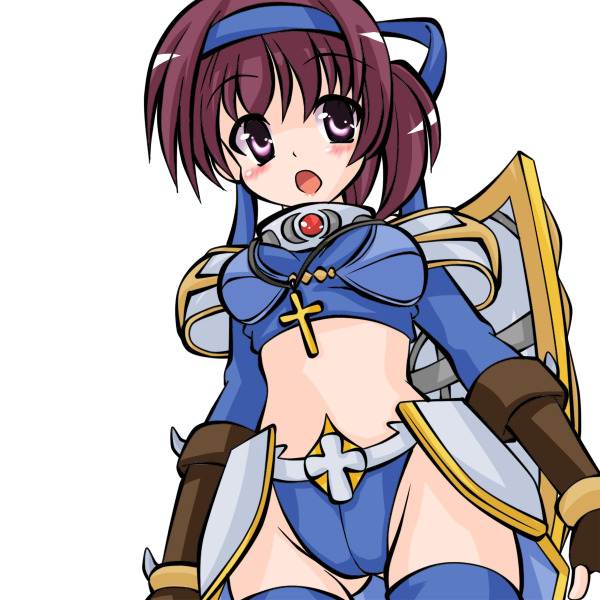 kotomi (happy colors), royal guard (ragnarok online), ragnarok online, commentary request, 1girl, 2000s (style), :o, armor, bikini, bikini armor, blue bikini, blue hairband, blue thighhighs, blush, brown gloves, cowboy shot, cross, cross necklace, fingerless gloves, gloves, hairband, jewelry, looking afar, midriff, necklace, open mouth, pauldrons, purple eyes, purple hair, shield, shield on back, short hair, shoulder armor, simple background, solo, swimsuit, thighhighs, white background