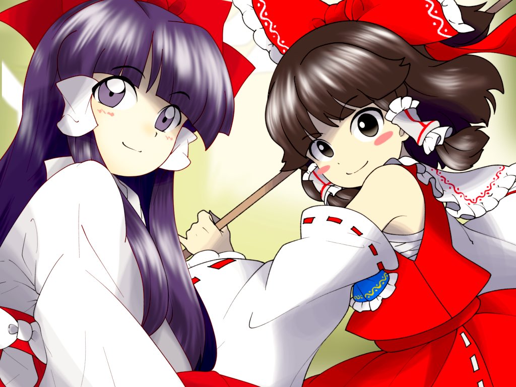 edwardmidori, hakurei reimu, hakurei reimu (pc-98), touhou, touhou (pc-98), 2girls, bare shoulders, blunt bangs, blush stickers, brown eyes, brown hair, detached sleeves, dual persona, japanese clothes, miko, multiple girls, purple eyes, purple hair, red ribbon, red skirt, red vest, ribbon, skirt, smile, vest