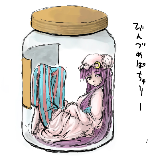 fechirin, patchouli knowledge, touhou, striped, translated, 1girl, barefoot, bottle, female focus, in bottle, in container, jar, long hair, purple eyes, purple hair, sketch, solo