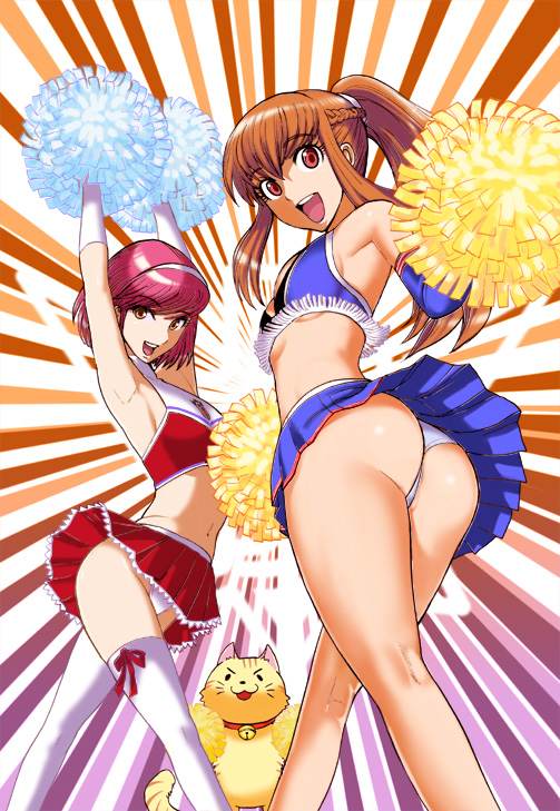 kamitsuki manmaru, amemiya sayaka, shirosaki rin, osu! tatakae! ouendan, 2girls, armpits, arms up, ass, bell, brown eyes, brown hair, cat, cheerleader, collar, elbow gloves, from behind, gloves, hairband, long hair, looking back, midriff, multiple girls, neck bell, open mouth, ouendan, panties, pink hair, pom pom (cheerleading), ponytail, red eyes, short hair, skirt, smile, thighhighs, underwear, upskirt, white panties, white thighhighs