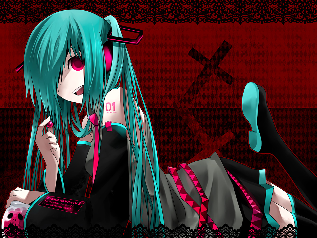 kintaro, hatsune miku, vocaloid, aqua eyes, aqua hair, candy, cross, detached sleeves, food, long hair, necktie, red eyes, skirt, smile, solo, thighhighs, twintails