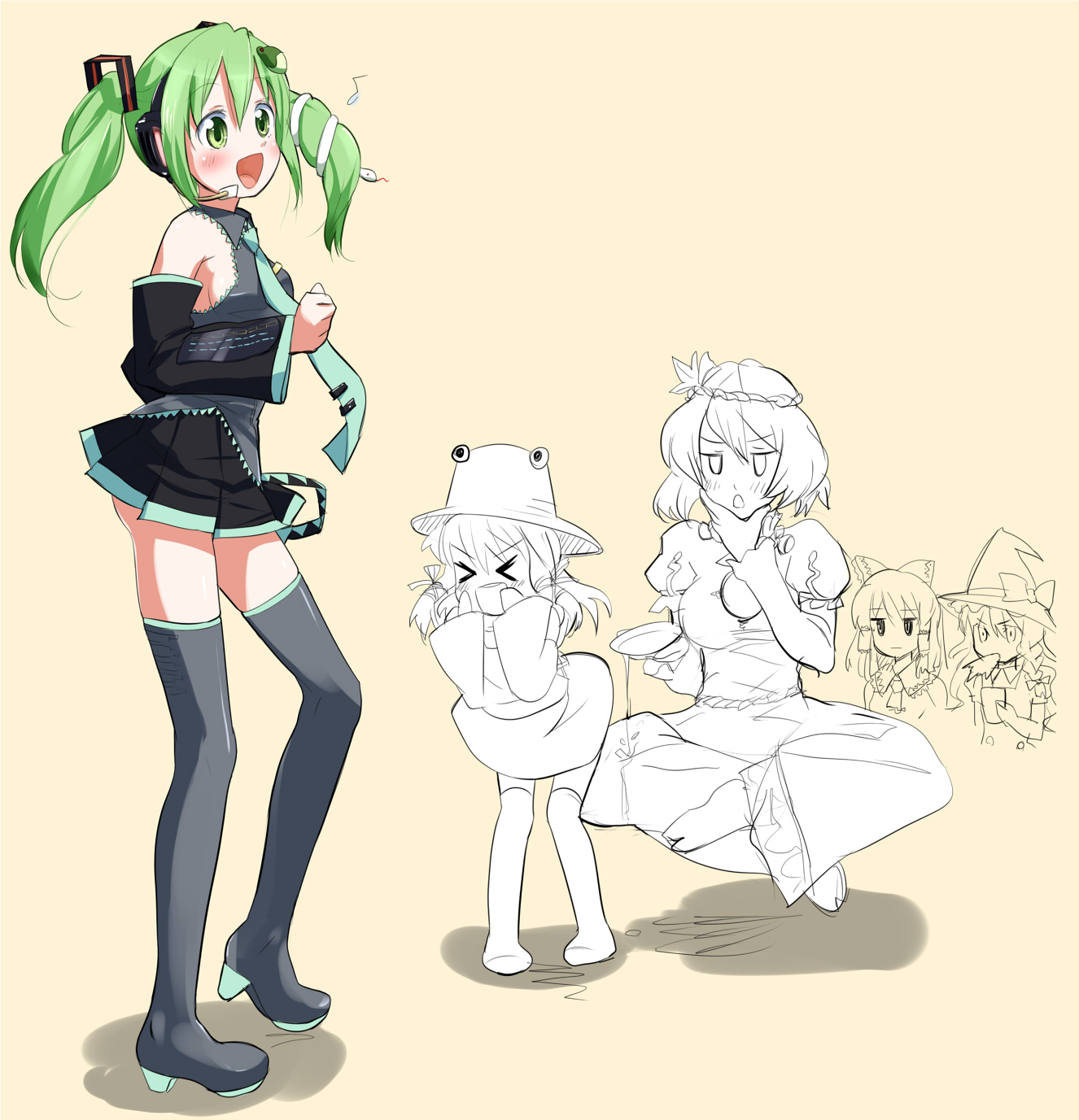 bizen, hakurei reimu, hatsune miku, kirisame marisa, kochiya sanae, moriya suwako, yasaka kanako, touhou, vocaloid, bad id, bad pixiv id, highres, > <, 5girls, alcohol, boots, breasts, closed eyes, cosplay, cup, detached sleeves, female focus, floating, frog, frog hair ornament, green eyes, green hair, hair ornament, hat, hatsune miku (cosplay), japanese clothes, medium breasts, miko, multiple girls, music, parody, sakazuki, sake, sideboob, singing, snake, spill, spit take, spitting, thigh boots, thighhighs, twintails