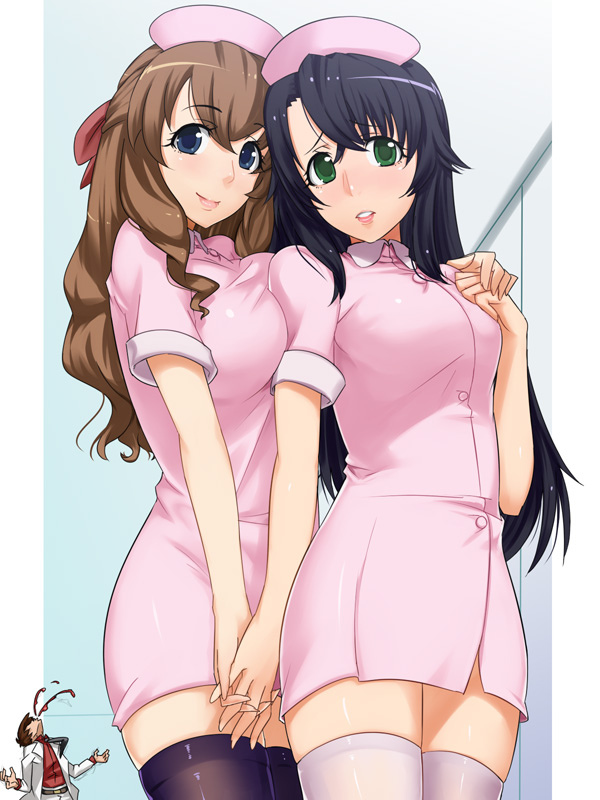 ldl, hayase kouichi, kizaki emi, kujou miu, kurogane no linebarrel, 00s, 2girls, black hair, blood, blue eyes, blush, breast press, breasts, brown hair, green eyes, hand grab, hat, holding hands, large breasts, long hair, multiple girls, nosebleed, nurse, nurse cap, smile, thighhighs, yuri