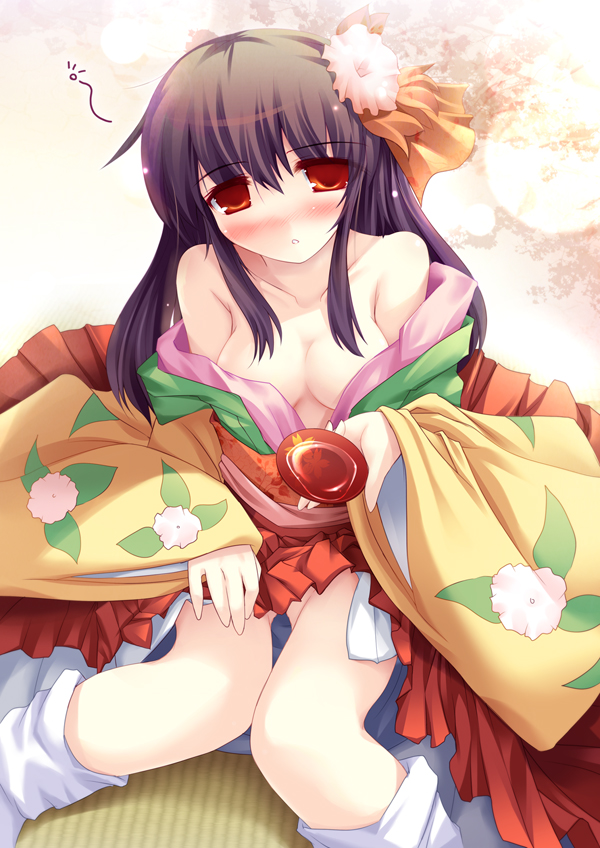 ai takurou, hieda no akyuu, touhou, 1girl, aged up, bare shoulders, breasts, cleavage, cup, drunk, female focus, flower, gradient background, medium breasts, plant, purple hair, red eyes, sakazuki, solo