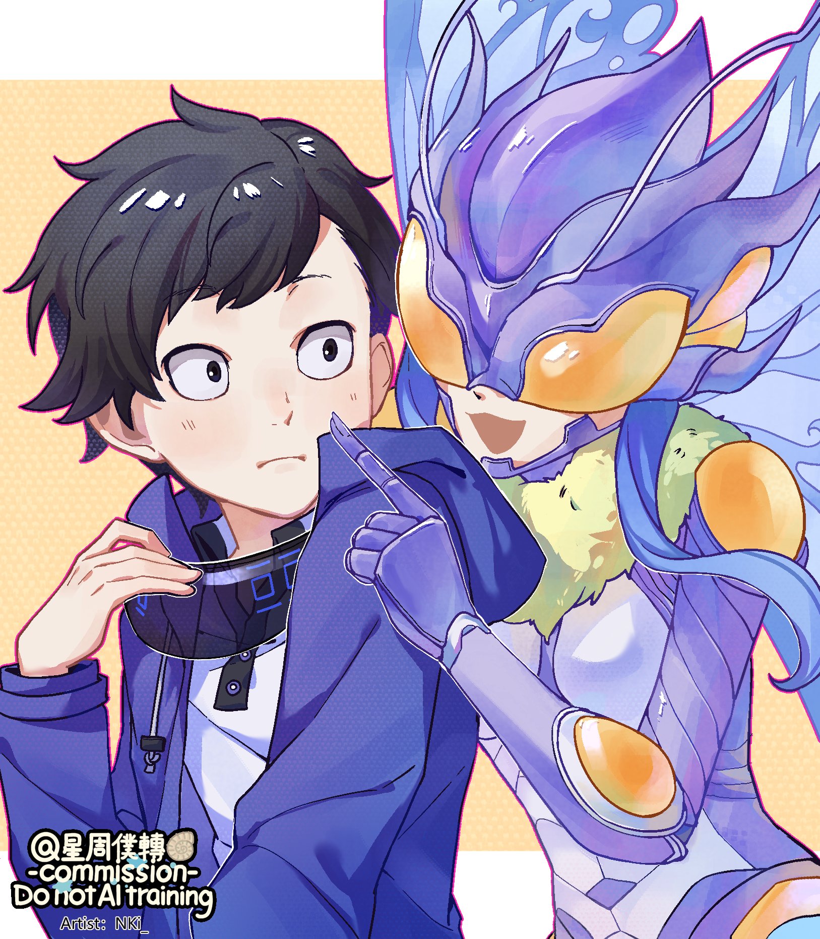 amasawa keisuke, hudiemon, mishima erika, digimon, digimon story: cyber sleuth, digimon story: cyber sleuth hacker's memory, artist request, commission, artist name, black eyes, black hair, blue hair, blue jacket, blush, breasts, bug, butterfly, butterfly wings, couple, digimon (creature), eyewear on head, fur collar, gauntlets, helmet, hood, hoodie, insect, insect wings, jacket, leotard, looking at another, medium breasts, nki, open mouth, poking, poking face, short hair, sidelocks, wings