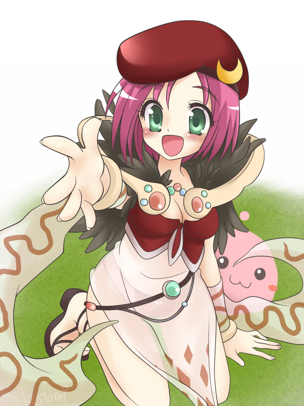 kotomi (happy colors), poring, sorcerer (ragnarok online), ragnarok online, commentary request, 1girl, 2000s (style), :3, :d, beret, black sandals, blush, breasts, cleavage, crescent, crescent hat ornament, detached sleeves, dress, full body, fur collar, grey dress, grey sleeves, hat, hat ornament, leotard, medium breasts, open mouth, purple hair, reaching, reaching towards viewer, red hat, red leotard, sandals, see-through clothes, see-through dress, seiza, short hair, sitting, slime (creature), smile, solo, white background