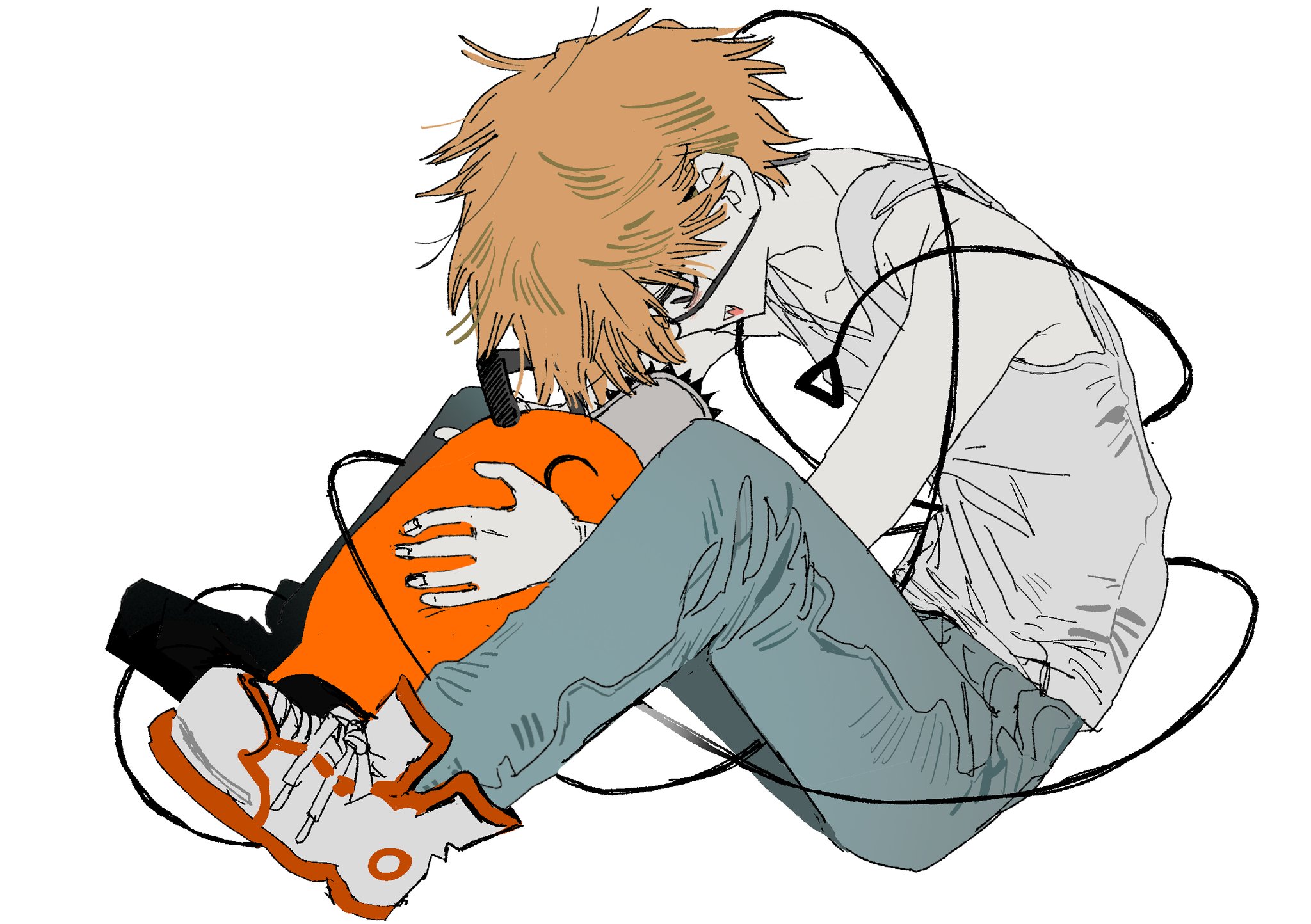 goguma wagamja, denji (chainsaw man), pochita (chainsaw man), chainsaw man, highres, 1boy, blonde hair, blue pants, closed eyes, denim, eyepatch, grey tank top, jeans, open mouth, pants, shoes, short hair, simple background, sneakers, tank top, white background