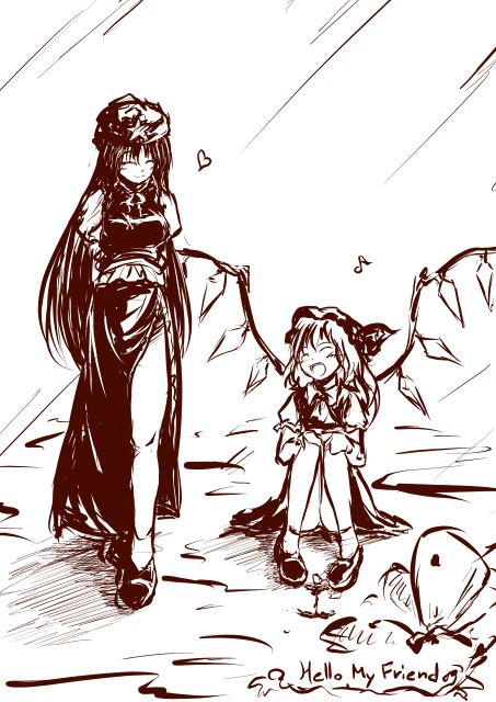 fechirin, flandre scarlet, hong meiling, embodiment of scarlet devil, touhou, 2girls, brown theme, closed eyes, female focus, happy, hat, heart, mob cap, monochrome, multiple girls, musical note, panties, pantyshot, sitting, underwear, vampire, wings