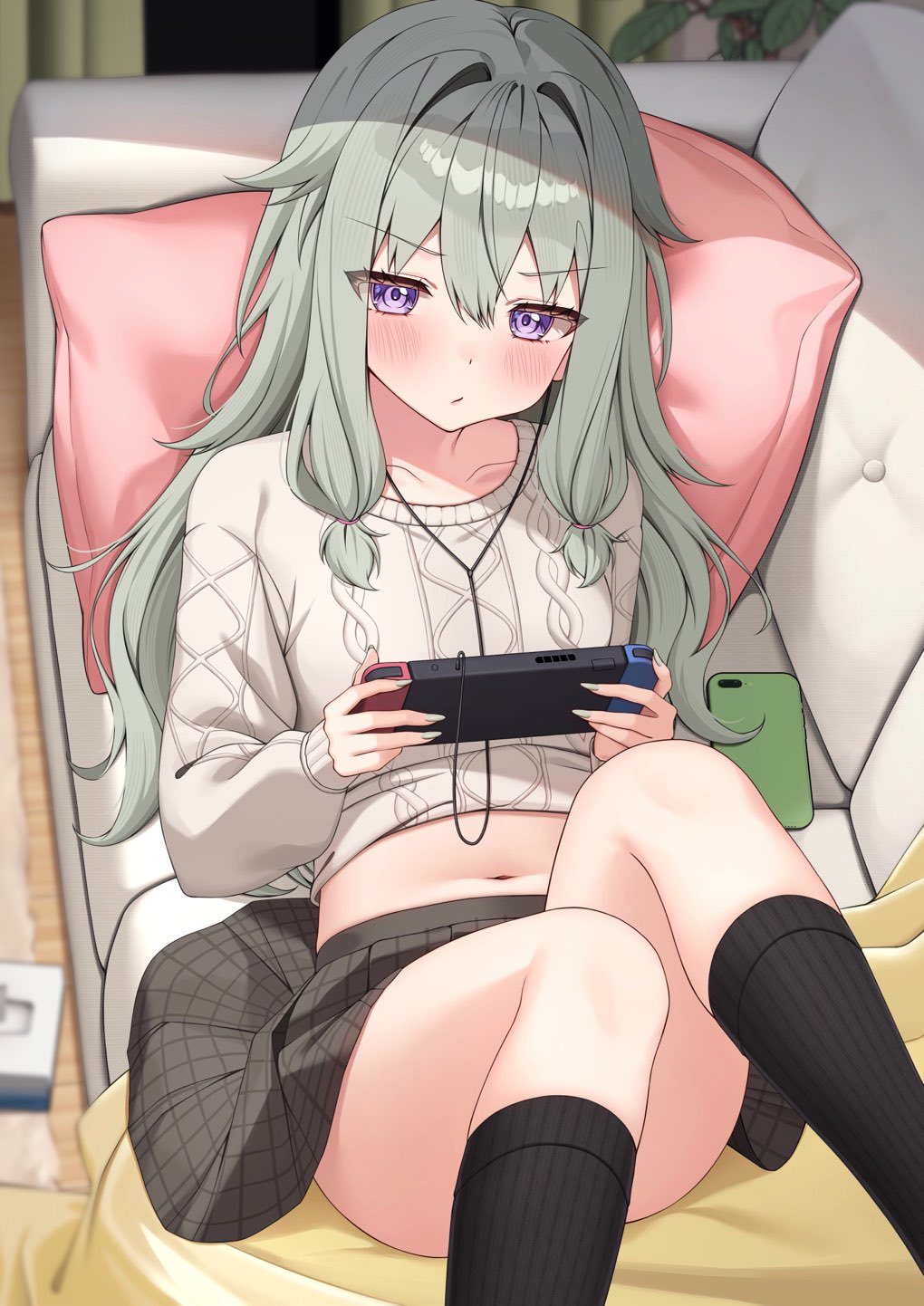 charl2837, kusanagi nene, project sekai, check commentary, commentary, commentary request, highres, 1girl, aran sweater, black socks, blush, brown skirt, brown sweater, cable knit, cellphone, closed mouth, collarbone, convenient leg, couch, curtains, dot nose, earbuds, earphones, feet out of frame, fingernails, green hair, hair between eyes, hair flaps, handheld game console, holding, holding handheld game console, indoors, kneehighs, knees up, long fingernails, long hair, long sidelocks, long sleeves, looking at viewer, low-tied sidelocks, lying, midriff, midriff peek, miniskirt, navel, nintendo switch, on back, on couch, phone, pillow, plant, pleated skirt, potted plant, purple eyes, ribbed socks, sidelocks, skirt, smartphone, socks, solo, sweater