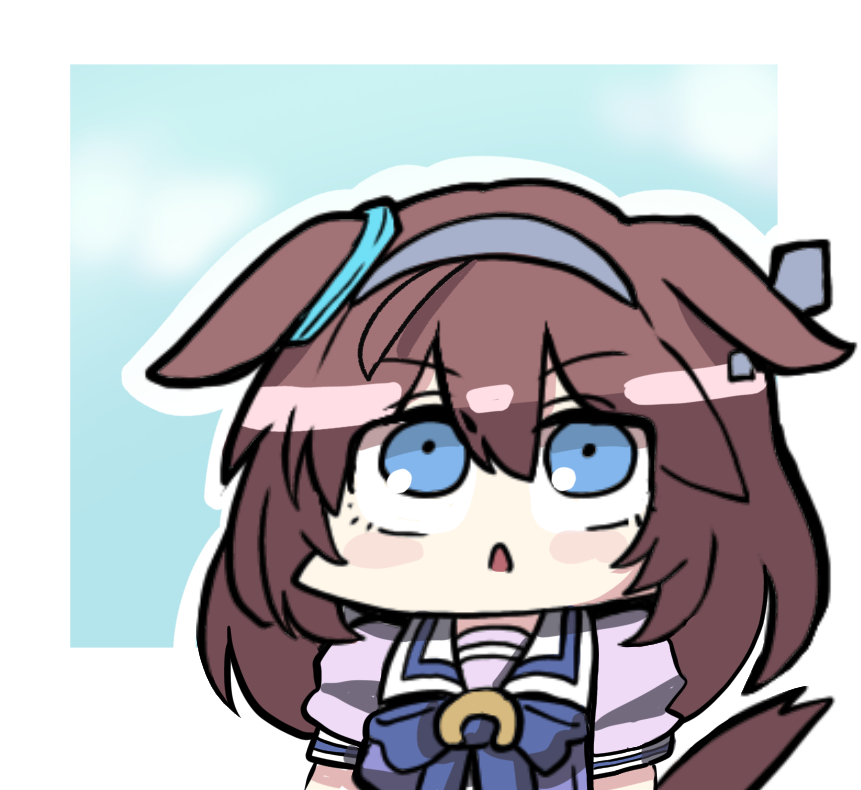 kawamochi (kawauti919), mihono bourbon (umamusume), umamusume, 1girl, :>, animal ears, blue bow, blue eyes, blue sky, border, bow, brown hair, cloud, ears down, grey hairband, hair between eyes, hairband, horse ears, horse girl, horse tail, long hair, looking up, outline, parted lips, puffy short sleeves, puffy sleeves, purple shirt, school uniform, shirt, short sleeves, sky, solo, stiff tail, tail, tracen school uniform, triangle mouth, upper body, very long hair, white border, white outline