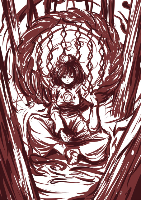fechirin, yasaka kanako, touhou, 1girl, barefoot, female focus, mirror, monochrome, red theme, rope, shide, shimenawa, sitting, sketch, smile, solo