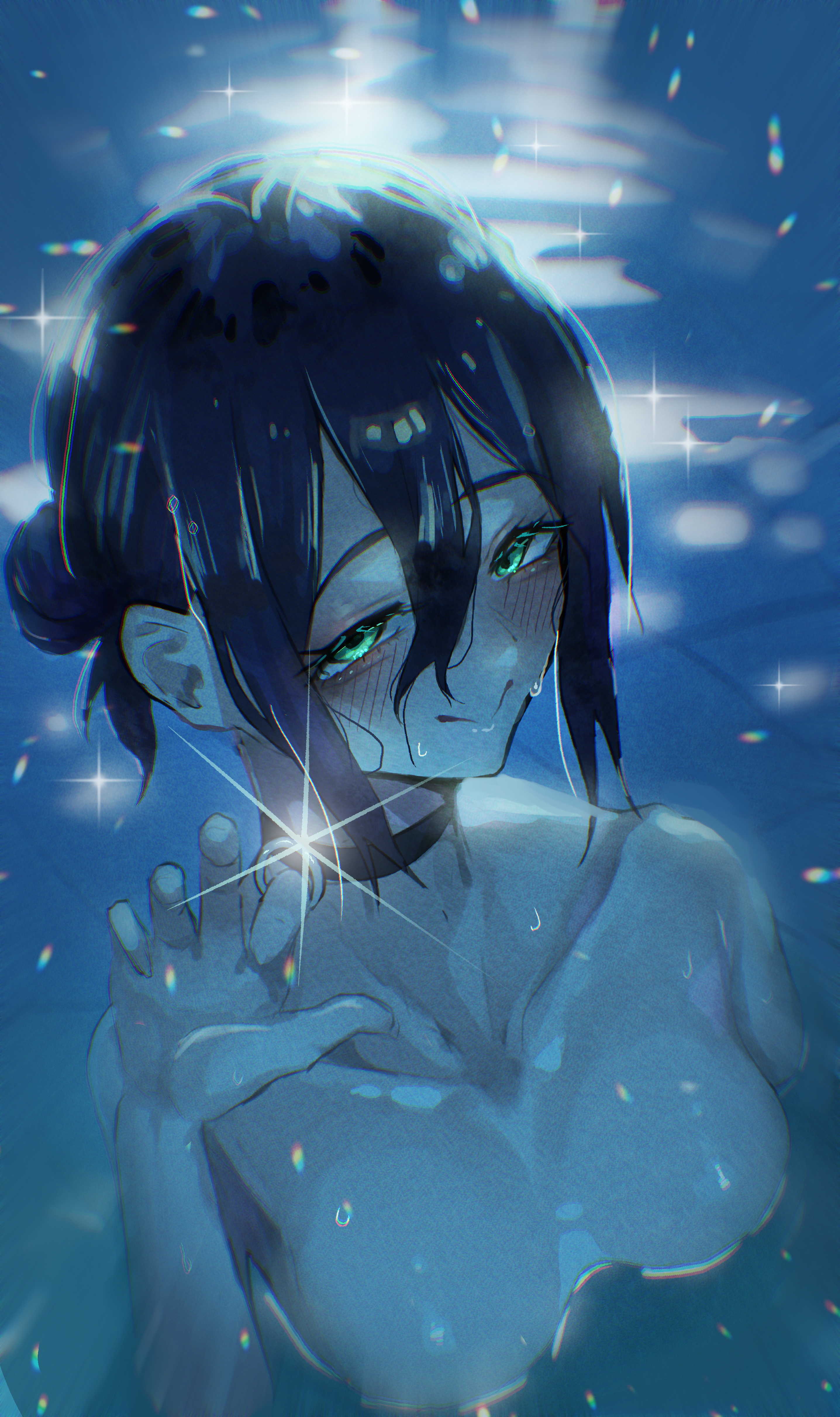 spacetazune, reze (chainsaw man), chainsaw man, absurdres, commentary request, highres, 1girl, black choker, black hair, blush, breasts, choker, collarbone, completely nude, double-parted bangs, green eyes, grenade pin, hair between eyes, medium breasts, nude, partially submerged, pool, sidelocks, smile