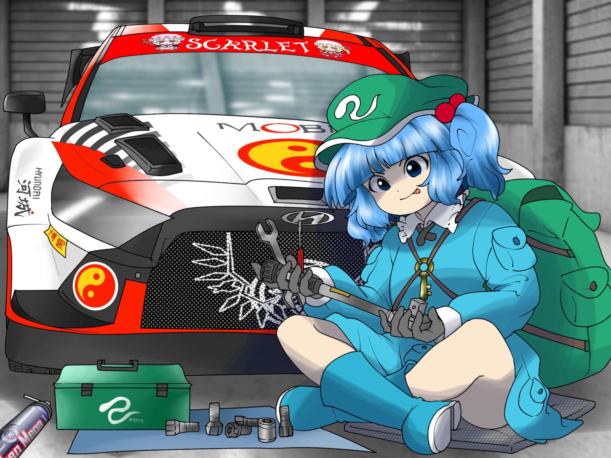 edwardmidori, flandre scarlet, kawashiro nitori, remilia scarlet, touhou, highres, 1girl, 3girls, :p, backpack, bag, beads, blue hair, blunt bangs, car, decal, green bag, green hat, hair beads, hair ornament, hat, holding, holding screwdriver, holding tool, holding wrench, key, motor vehicle, multiple girls, race vehicle, racecar, screwdriver, tongue, tongue out, toolbox, wrench