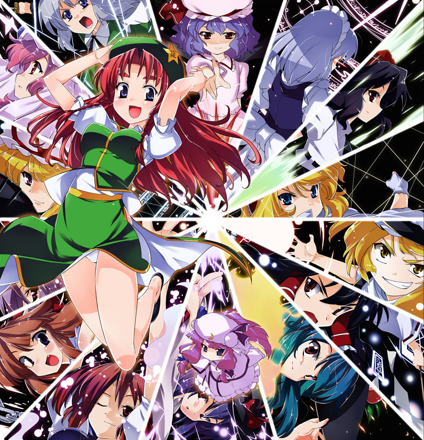 kiku hitomoji, tora tooru, toru tooru, alice margatroid, hakurei reimu, hinanawi tenshi, hong meiling, ibuki suika, izayoi sakuya, kirisame marisa, konpaku youmu, nagae iku, onozuka komachi, patchouli knowledge, reisen udongein inaba, remilia scarlet, shameimaru aya, yakumo yukari, scarlet weather rhapsody, touhou, 6+girls, blonde hair, everyone, female focus, hat, multiple girls, panties, underwear, upskirt