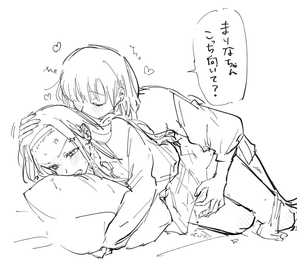 mobudeshi, kirarazaka marina, kuze shizuka, takopii no genzai, commentary, translation request, 2girls, anger vein, blush, closed eyes, greyscale, hairband, hand on another's thigh, kissing hair, long hair, long sleeves, monochrome, multiple girls, pussy juice, pussy juice on fingers, school uniform, speech bubble, sweat, yuri