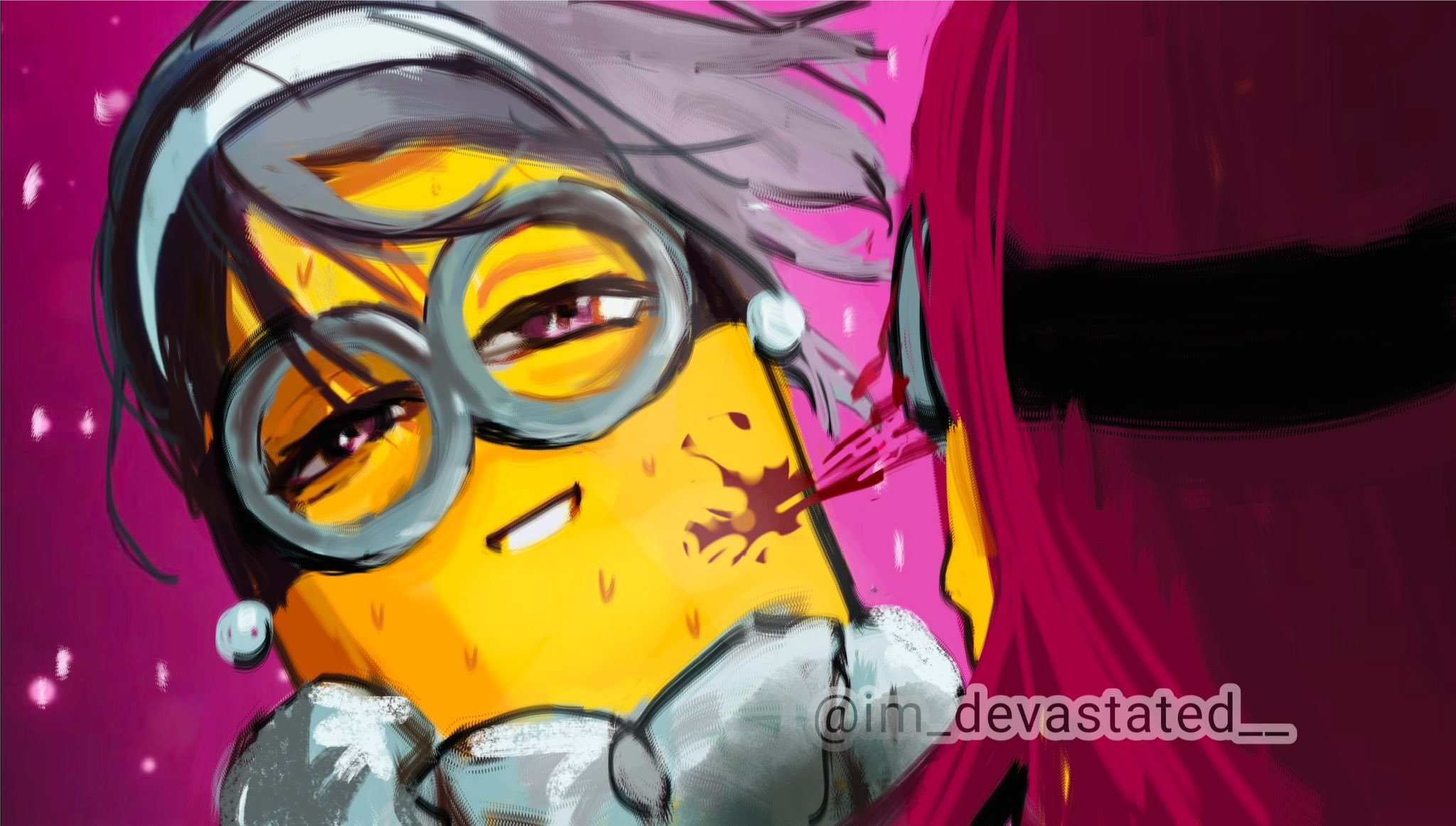 im devastated, minion (despicable me), mizi (alien stage), sua (alien stage), alien stage, commentary, english commentary, highres, black hair, blood, blood on face, cosplay, earrings, goggles, hairband, jewelry, long hair, mizi (alien stage) (cosplay), pearl earrings, pink eyes, pink hair, sua (alien stage) (cosplay), sweat, twitter username, white hairband