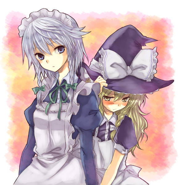 miya (tsumazukanai), izayoi sakuya, kirisame marisa, touhou, 2girls, blonde hair, blue eyes, braid, female focus, hat, long hair, maid, multiple girls, witch, witch hat