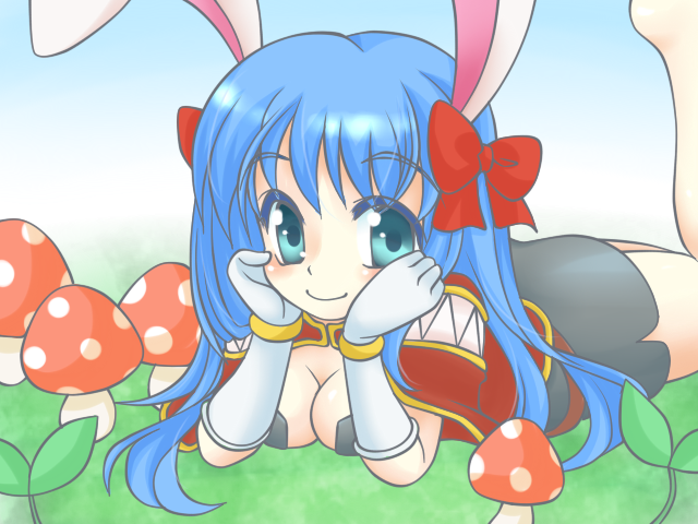 kotomi (happy colors), creator (ragnarok online), ragnarok online, commentary request, commission, 1girl, 2000s (style), animal ears, black dress, blue eyes, blue hair, blush, bow, breasts, cape, cleavage, closed mouth, dress, feet out of frame, hands on own cheeks, hands on own face, looking at viewer, lying, medium breasts, mushroom, on stomach, rabbit ears, rabbit girl, red bow, red cape, short dress, smile, solo, the pose