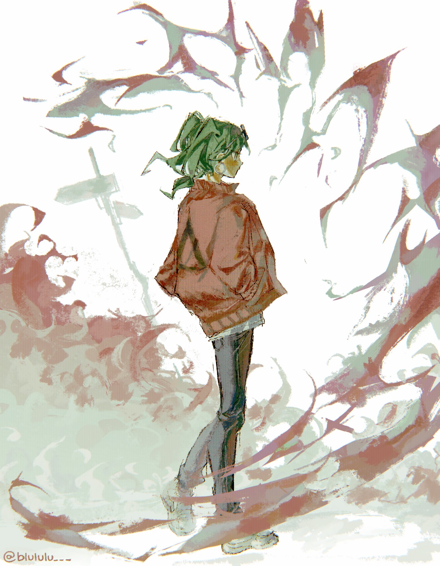 lulu (blululu), hatsune miku, suna no wakusei (vocaloid), vocaloid, highres, 1girl, arrow (symbol), black-framed eyewear, blush, chromatic aberration, denim, earrings, eyewear on head, film grain, from behind, full body, green eyes, green hair, grey pants, hands in pockets, hoop earrings, jacket, jeans, jewelry, long sleeves, medium hair, no mouth, open clothes, open jacket, pants, profile, puffy long sleeves, puffy sleeves, red jacket, round eyewear, shirt, shoes, sign, simple background, sneakers, solo, standing, standing on one leg, twintails, twitter username, walking, white background, white shirt, white shoes