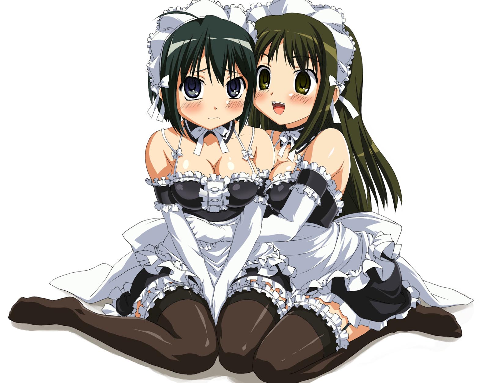 kagejou, kurauchi anna, sawatari izumi, kore ga watashi no goshujin-sama, frilled legwear, highres, 00s, 2girls, :d, apron, black hair, blue eyes, blush, breasts, cleavage, detached collar, detached sleeves, elbow gloves, feet, frilled apron, frills, full body, garter belt, garter straps, gloves, green eyes, green hair, hug, large breasts, legs, long hair, maid, multiple girls, nakabayashi yoshitaka's maid uniform, no shoes, open mouth, short hair, simple background, sitting, smile, thighhighs, v arms, waist apron, wariza, white background, zettai ryouiki