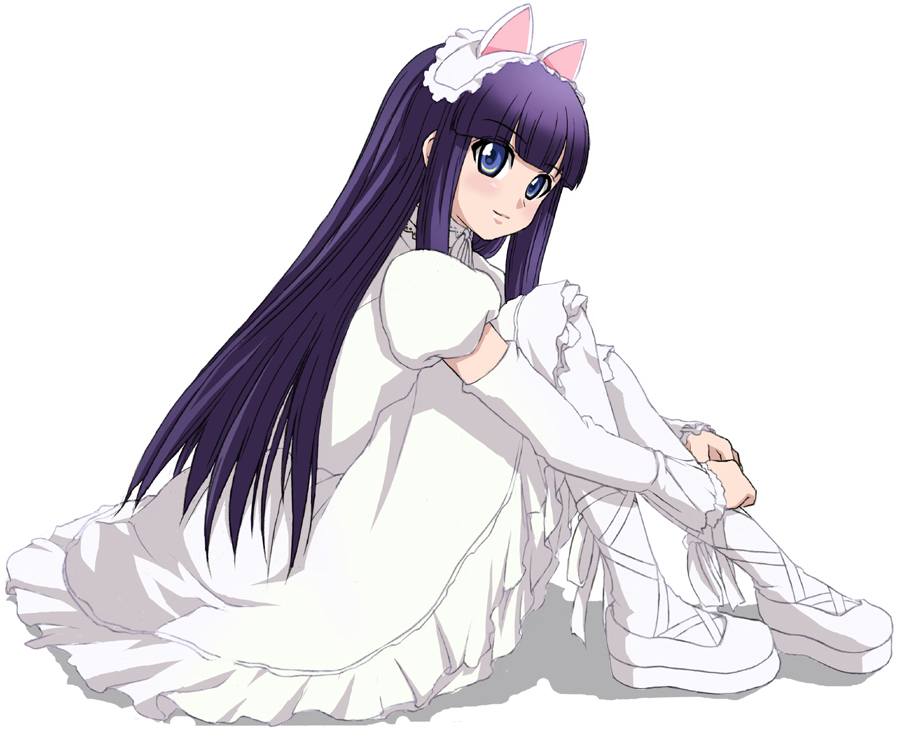 kagejou, hazuki (tsukuyomi), tsukuyomi moonphase, 00s, 1girl, animal ears, blue eyes, cat ears, detached sleeves, dress, fake animal ears, female focus, hime cut, hugging own legs, long hair, purple hair, solo, white dress