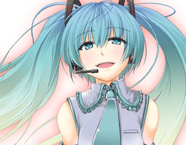 nekonote (nekono paraiso), hatsune miku, vocaloid, eyebrows, 1girl, :d, aqua hair, collared shirt, crying, detached sleeves, female focus, gradient background, gradient hair, grey shirt, hair between eyes, hair ornament, headphones, headset, long hair, microphone, multicolored hair, music, necktie, open mouth, shirt, singing, smile, solo, twintails, upper body