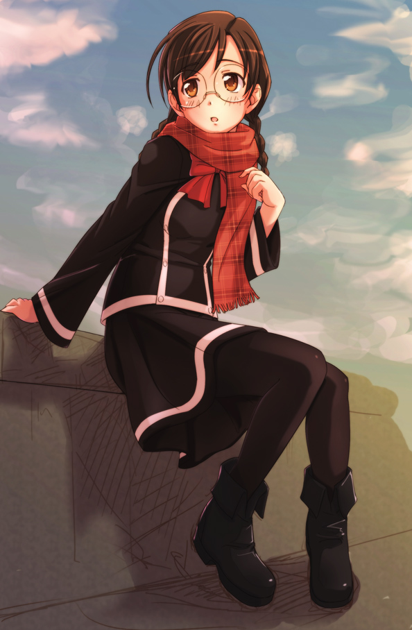 e20, clala, quiz magic academy, 1girl, :o, ankle boots, black pantyhose, black skirt, blush, boots, braid, brown eyes, brown hair, female focus, full body, glasses, long sleeves, looking at viewer, pantyhose, parted lips, scarf, sitting, skirt, solo, twin braids
