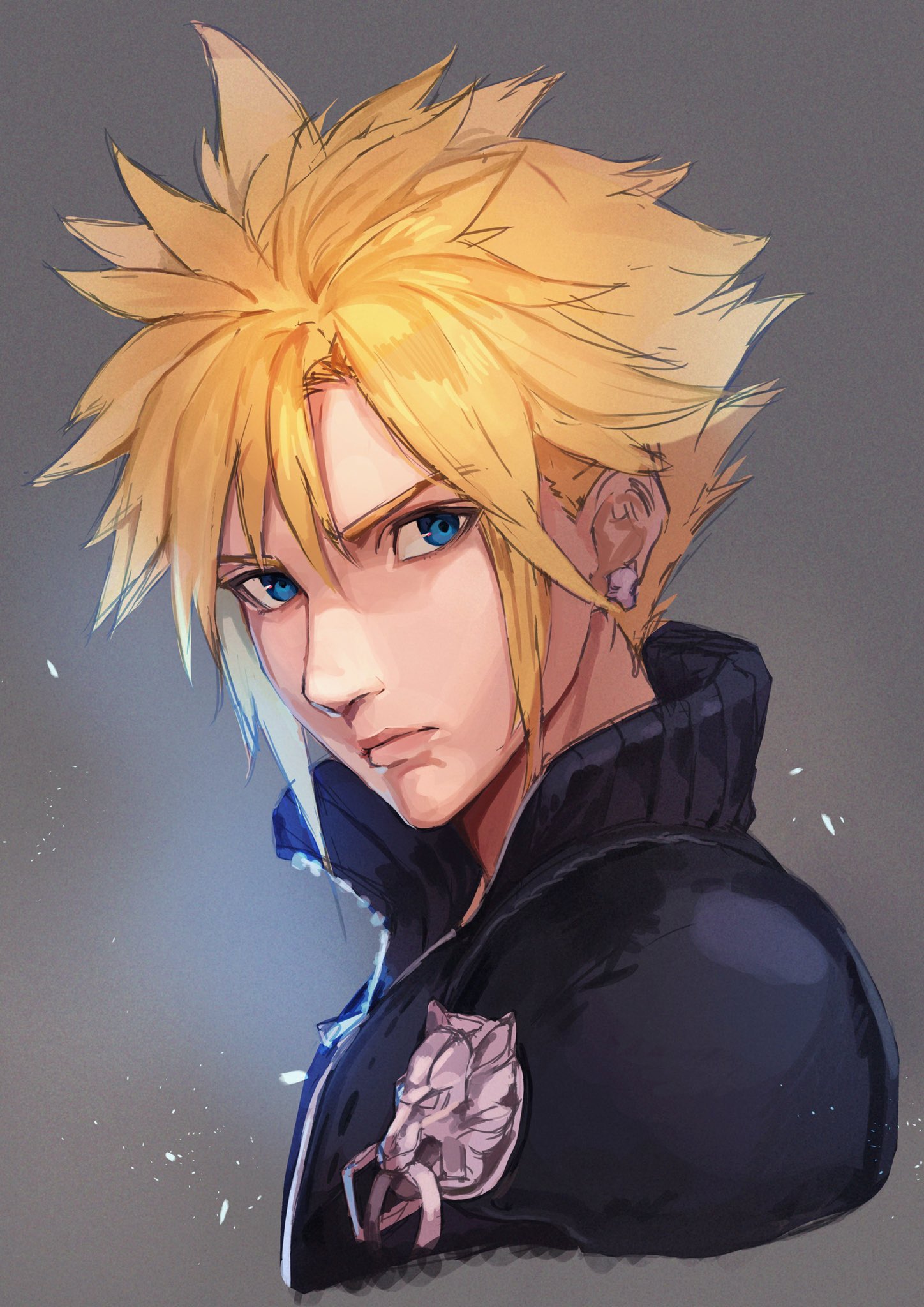 nasubin (nasubisamurai15), final fantasy, final fantasy vii, final fantasy vii advent children, commentary request, highres, 1boy, blonde hair, blue eyes, closed mouth, cropped torso, grey background, lips, looking to the side, male focus, parted bangs, popped collar, sideways glance, sketch, solo