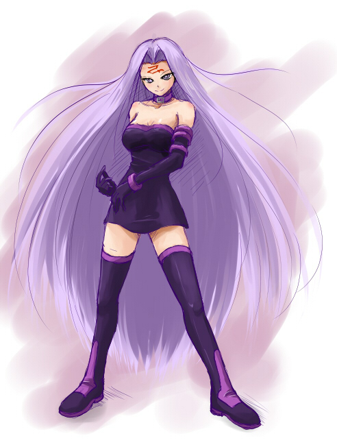 fechirin, medusa (fate), medusa (rider) (fate), fate/stay night, fate (series), 00s, 1girl, breasts, collar, dress, female focus, large breasts, long hair, purple eyes, purple hair, solo, square pupils, strapless, strapless dress, thighhighs, very long hair, zettai ryouiki