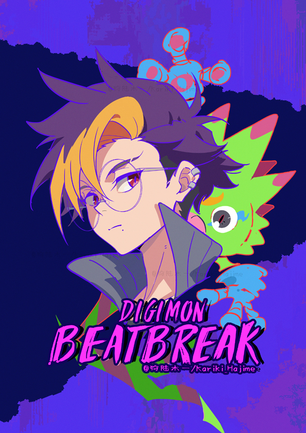 kariki hajime, gekkomon, tenma tomoro, digimon, digimon beatbreak, commentary, english commentary, 1boy, arm up, artist name, black eyes, blonde hair, blue background, collared jacket, copyright name, cropped shoulders, digimon (creature), ear piercing, gecko, glasses, grey jacket, jacket, looking at viewer, male focus, mole, mole under mouth, multicolored hair, piercing, popped collar, purple background, purple hair, red eyes, round eyewear, short hair, slit pupils, spiked hair, two-tone background, two-tone hair