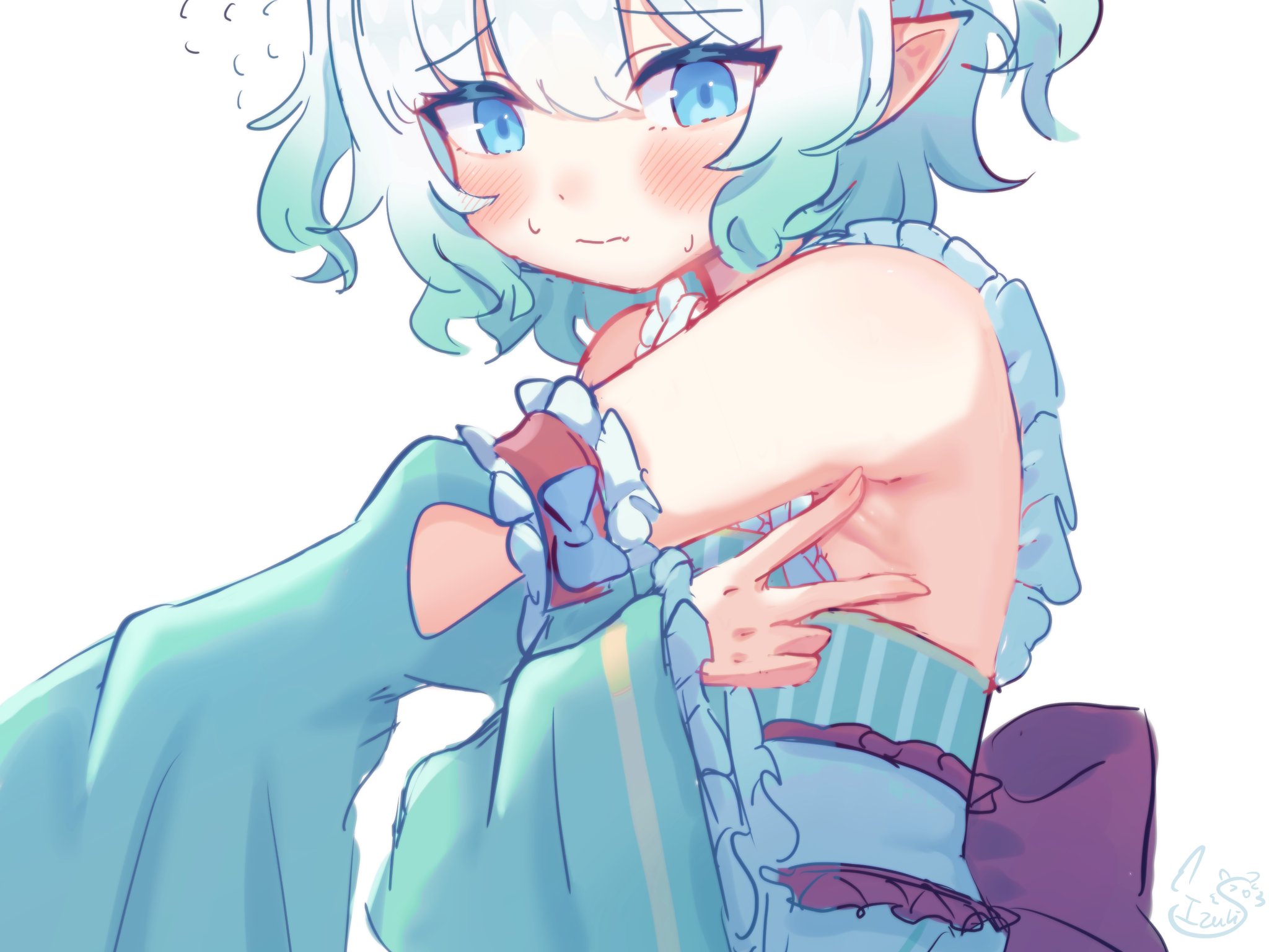 mint fantome, mint fantome (minto 2.0), indie virtual youtuber, commentary, english commentary, highres, 1girl, aqua sleeves, armpit crease, armpit focus, armpits, black bow, blue eyes, blush, bow, center frills, detached sleeves, dress, frilled dress, frills, gradient hair, green dress, green hair, large bow, multicolored hair, pointy ears, shidoizuki, short hair, signature, simple background, sleeveless, sleeveless dress, solo, spread armpit, striped clothes, striped dress, vertical-striped clothes, vertical-striped dress, virtual youtuber, wavy hair, white background, white hair