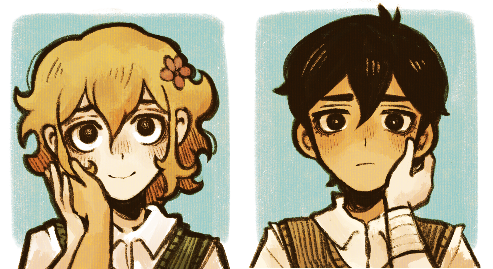 ottie pops, basil (faraway) (omori), basil (omori), sunny (omori), omori, highres, 2boys, alternate eye color, antenna hair, bandaged arm, bandages, black eyes, black hair, blonde hair, bright pupils, closed mouth, collared shirt, double-parted bangs, flower, green sweater vest, hair flower, hair ornament, hand grab, hand on another's cheek, hand on another's face, looking at another, male focus, multiple boys, shirt, short sleeves, smile, sweater vest, white pupils, white shirt