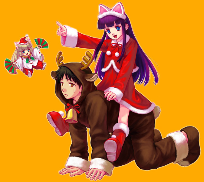 tetsukuzu tetsuko, haiji, hazuki (tsukuyomi), morioka kouhei, tsukuyomi moonphase, 00s, 1boy, 2girls, animal ears, bell, blue eyes, capelet, cat ears, christmas, long hair, mini person, minigirl, multiple girls, purple hair, reindeer, riding, santa costume, sitting