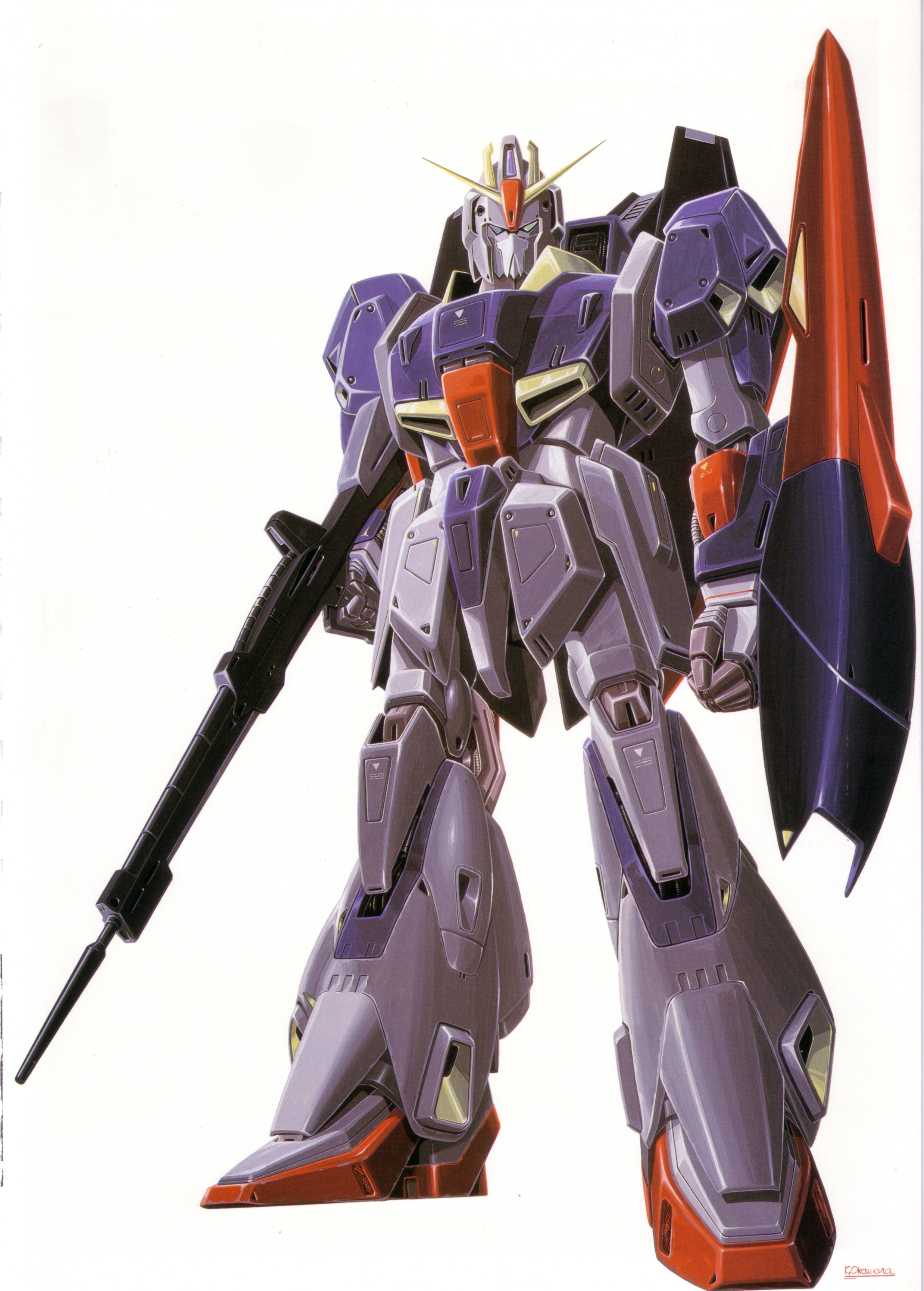 ookawara kunio, zeta gundam (mobile suit), gundam, zeta gundam, 1980s (style), absurdres, highres, painting (medium), scan, traditional media, aeug, beam rifle, cable, energy gun, green eyes, looking at viewer, machinery, mecha, mecha focus, mobile suit, oldschool, production art, realistic, retro artstyle, robot, science fiction, shield, signature, v-fin, weapon, white background